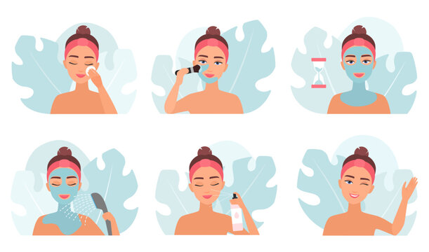 Skin care set vector illustration. Cartoon girls use cotton pads for cleaning, apply cosmetic clay mask with brush and wash with water, natural skincare beauty products and spa treatment for woman