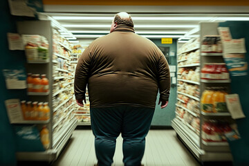 Obese man shopping in supermarket - Generative AI - obrazy, fototapety, plakaty