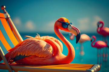 Bright flamingo bird in sunglasses rests on the beach by the pool under palm trees with a glass. Beautiful exotic tropical summer elegant holiday vacation concept. Generative AI - obrazy, fototapety, plakaty