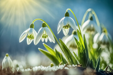 Spring snowdrop flower in melting snow on a spring sunny day in the open air. The first spring snowdrops in a forest glade. generative AI