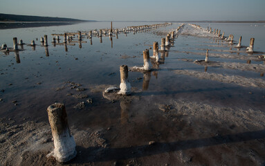 Salt crystals on wooden pillars of an old 18th century salt industry. The ecological problem is drought.