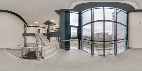 full spherical hdri 360 panorama view in empty modern hall near panoramic windows with columns,...