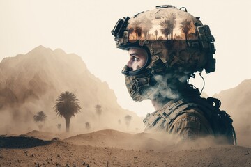 Army soldier, war, military person, double exposure, abstract background. Generative AI.