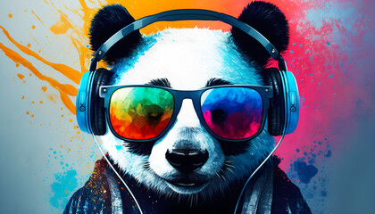  acid Pop colorful panda wearing Headphones and sunglasse  - obrazy, fototapety, plakaty