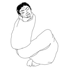 Seated man with closed eyes tormented by memories. Temptation of a monk. Hand drawn art. Black and white silhouette.