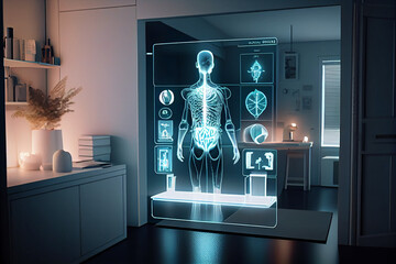 Modern doctors office with a hologram of a human body. generative AI