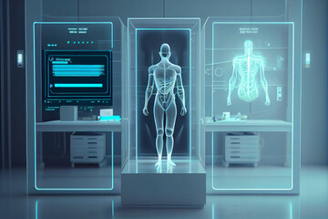 Modern doctors office with a hologram of a human body. generative AI