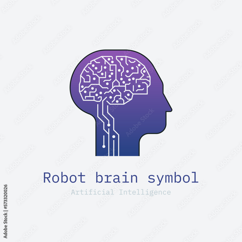 Poster robot head. artificial intelligence logo. chat bot. ai automation technology. psychology brainstorm.
