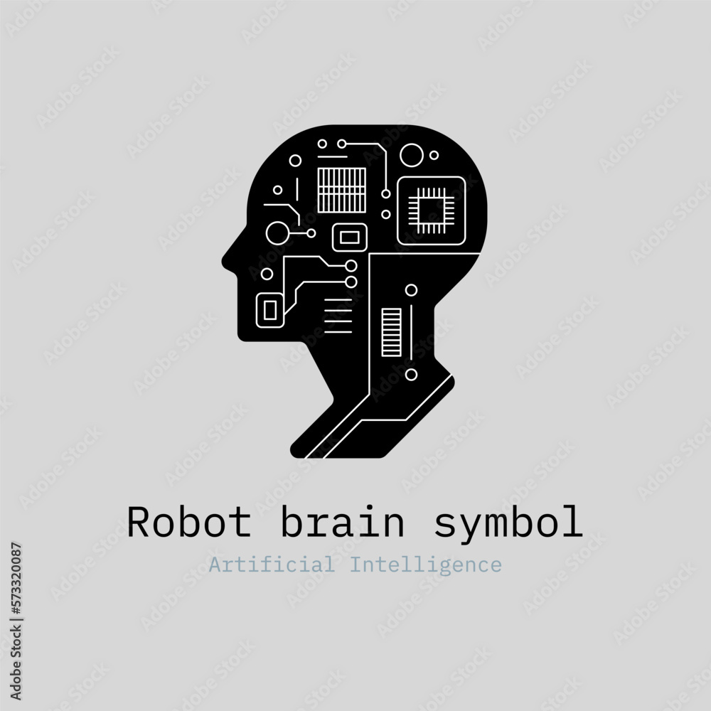 Poster robot head. artificial intelligence logo. chat bot. ai automation technology. psychology brainstorm.