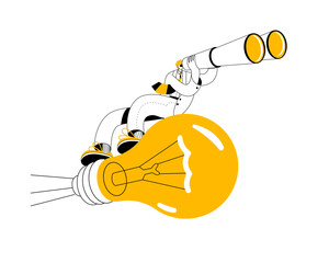 A man with binoculars flies to a large electric light bulb. Vector illustration on the topic of searching for an investor.
