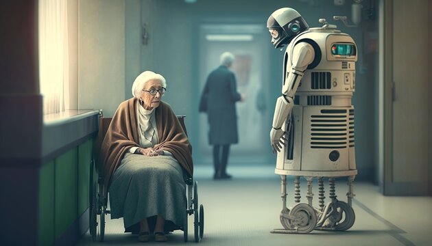 elderly woman sitting in hospital or nursing home while robot takes care of her health, generative ai