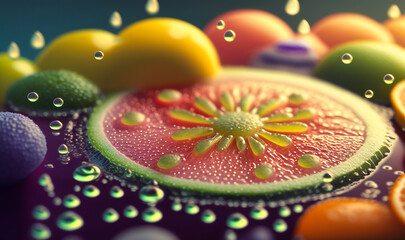 The surface of a slice of fruit, with tiny droplets of juice visible