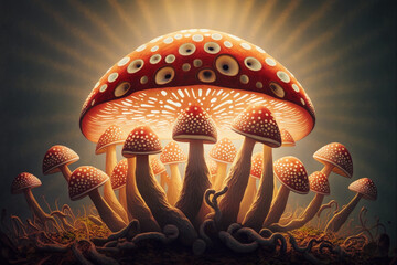 Big fly agarics and little fly agarics in a magical forest. AI generative