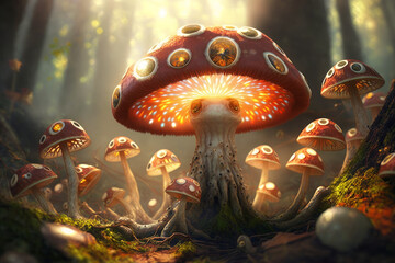 Big fly agarics and little fly agarics in a magical forest. AI generative