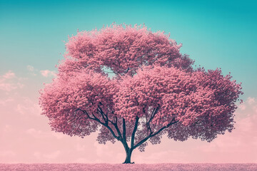 Fototapeta na wymiar A tree blooming with pink flowers minimalistic landscape. AI generative