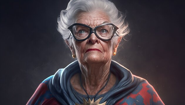 grandma dressed as a superhero, dressed in heroine clothes. concept of health in old age. female health. generative ai