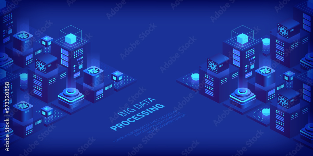 Poster vector isometric server room. quantum computer. cloud storage data center. web hosting. big data pro