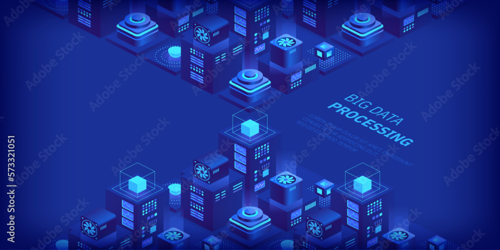 Poster vector isometric server room. quantum computer. cloud storage data center. web hosting. big data pro