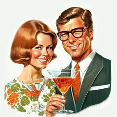 Vintage retro illustration of a husband and wife toasting each other holding martinis, 1960s cocktails concept, generative ai
