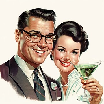 Vintage retro illustration of a husband and wife toasting each other holding martinis, 1960s cocktails concept, generative ai