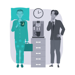 Sleeplessness with Man in Pajamas at Office with Coffee Feeling Sleepy During Daytime Suffer from Insomnia and Sleep Disorder Vector Illustration