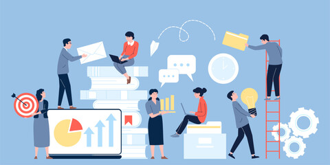 Business team cooperation and discussion businessmen. Content researcher and makers. Office company, employees group collaboration recent vector scene