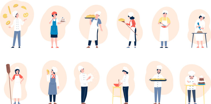 Baker character bake pastries in bakery. Bakers professional team, on culinary job cook bread, cakes and pastry. Bakeries workers recent vector set