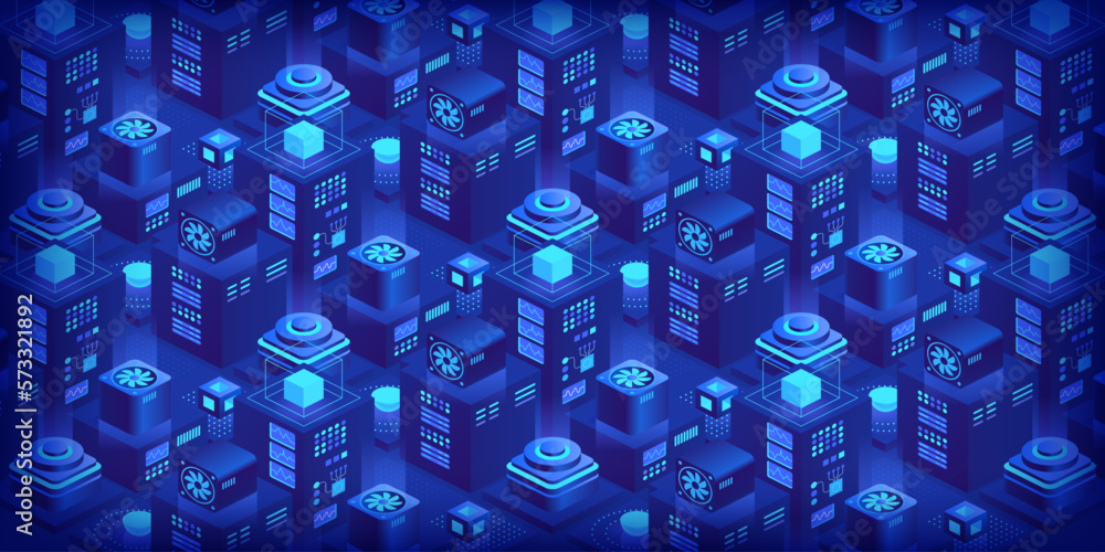 Poster vector isometric server room. quantum computer. cloud storage data center. web hosting. big data pro