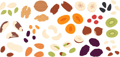 Dried fruits seeds and nuts. Crunchy fruit, dry fresh nut, banana, apricot. Granola cereal, morning nature healthy food. Breakfast or snack racy vector set