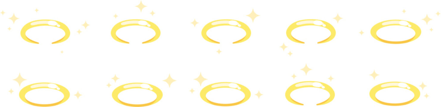Golden rings, nimbus with stars compositions. Various halo elements, golden holy symbols and star around. Decorative vector collection