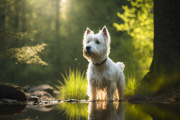 White west highland terrier dog portrait on a sunny day in the forrest