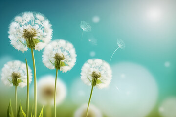 Close up dandelion plant blowing in wind. Dandelion seeds blowing in the wind across a summer field background. generative AI



