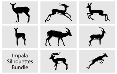 Set of a black Impala silhouette, Set of editable vector silhouettes of running impala, antelope silhouettes Collection - obrazy, fototapety, plakaty