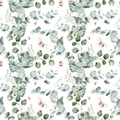 Seamless floral pattern with eucalyptus leaves and pink  flowers on white background, watercolor. Template design for fabric, interior, clothes, wallpaper. Botanical art © Nataliya Kunitsyna