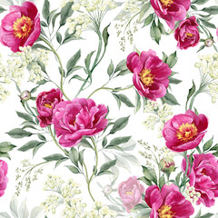 Seamless floral pattern with magenta peony flowers on white background, watercolor. Template design for fabric, interior, clothes, wallpaper. Botanical art © Nataliya Kunitsyna