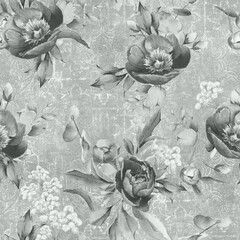 Seamless floral pattern with peony flowers on grey vintage  background, watercolor. Template design for fabric, interior, clothes, wallpaper. Botanical art