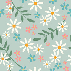 Wild chamomile flowers. Seamless summer pattern with white flowers on a light blue background. For printing on fabric, textiles, wrapping paper. 