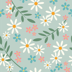 Wild chamomile flowers. Seamless summer pattern with white flowers on a light blue background. For printing on fabric, textiles, wrapping paper. Vector.