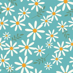 Wild chamomile flowers. Seamless summer pattern with white flowers on a light blue background. For printing on fabric, textiles, wrapping paper. Vector.