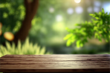 Wooden table in front of blurred background of outdoor garden Generative AI