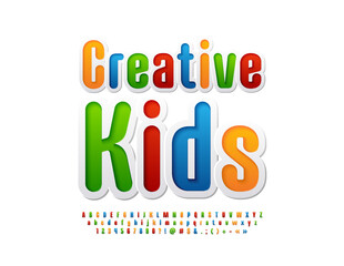 Vector artistic sign Creative Kids. Sticker style Font. Colorful Alphabet Letters and Numbers set.