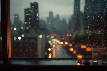 Rainy city. Droplets on glass window.