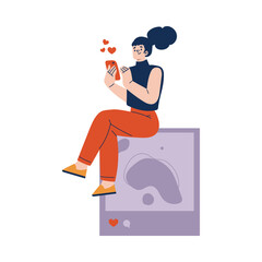 Social Network with Young Woman with Smartphone Liking and Share Post Vector Illustration