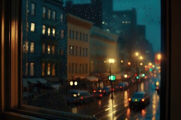 Fototapeta na wymiar Rainy city. Droplets on glass window.