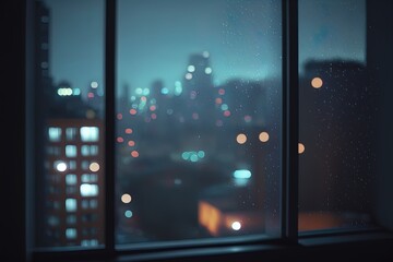 Rainy city. Droplets on glass window.