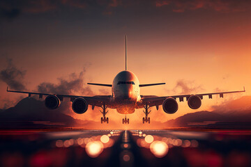 Fototapeta na wymiar airplane Flying Over Airport Runway Against Sunset. Generative Ai.