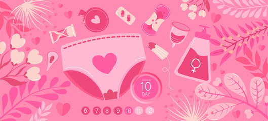 Banner with different means of feminine hygiene on pink background