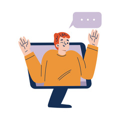 Social Network with Young Man Chatting and Meeting Friend Via Computer Vector Illustration