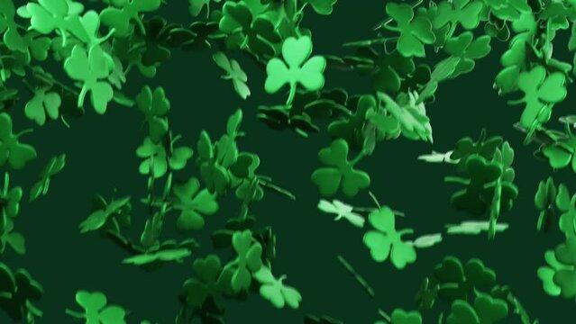 3d render Animation of falling green shamrock leafs for St. Patrick's Day. High quality FullHD footage