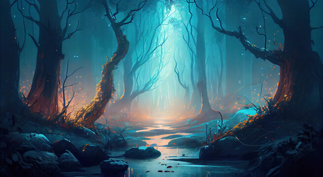 Misty forest with trees and water stream. Fairy world. Generative AI